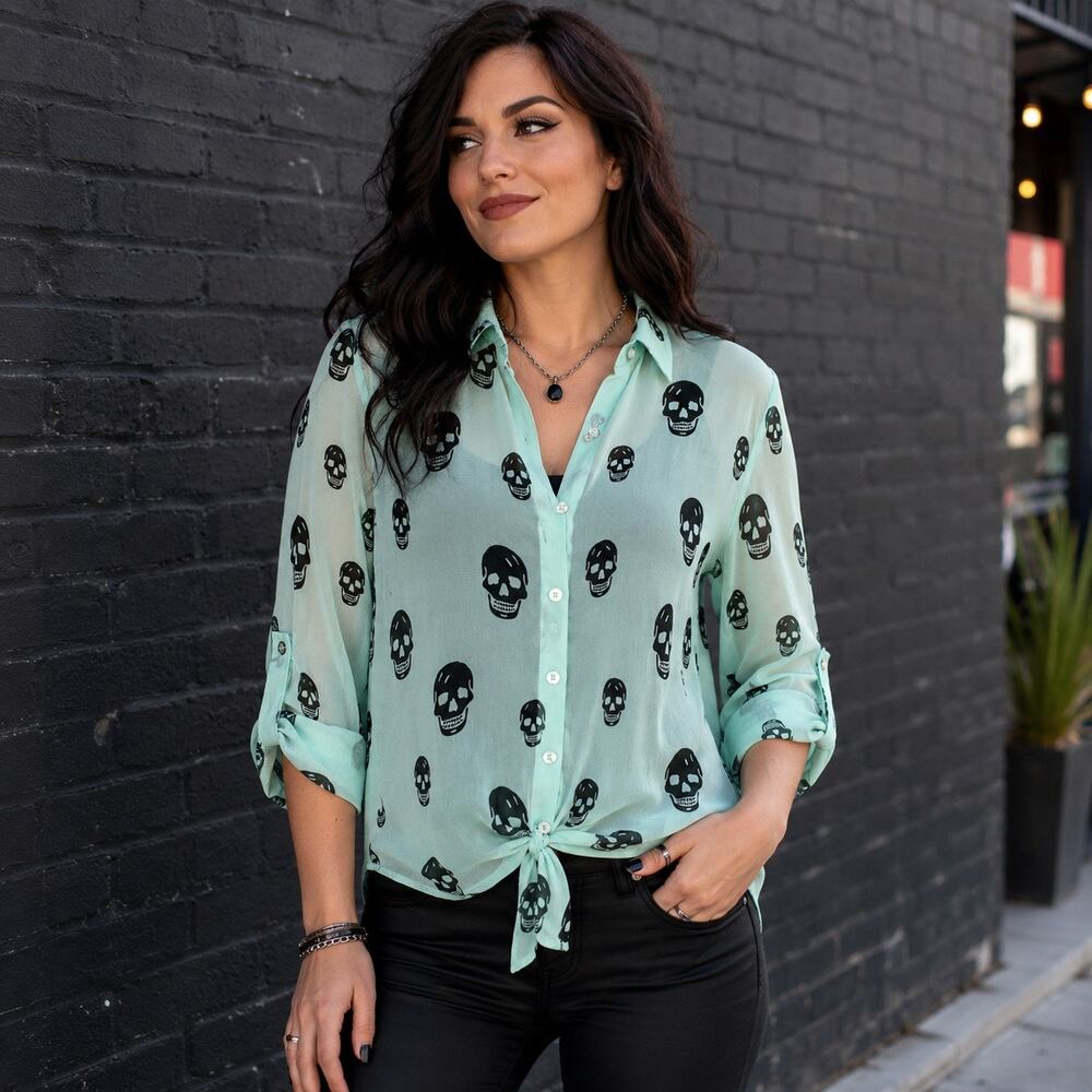 Living Doll Mint Skull Print Sheer Tie Front Blouse Women's M